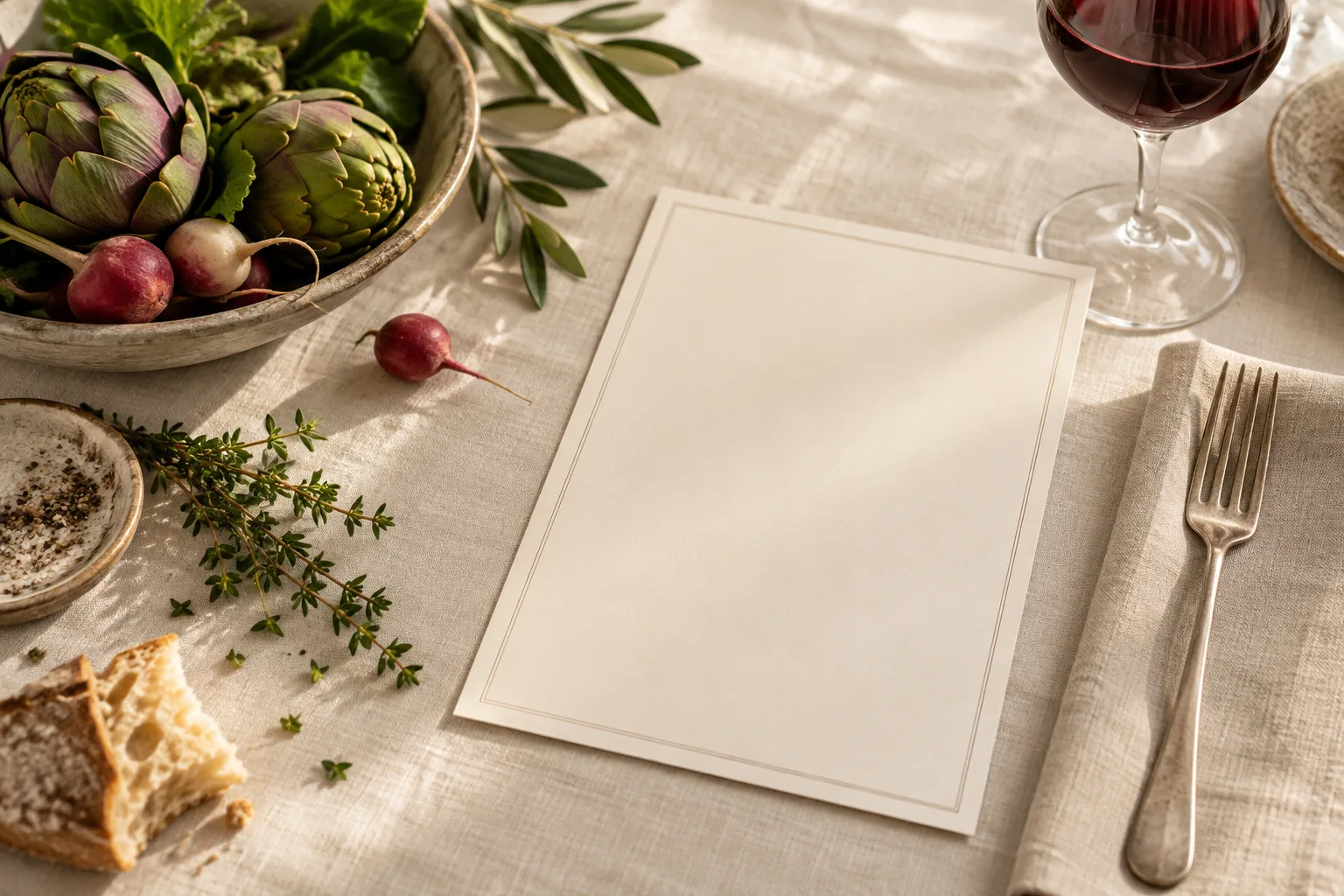 Illustration éditoriale d'une table et d'une carte vierge entourée de produits de saison
