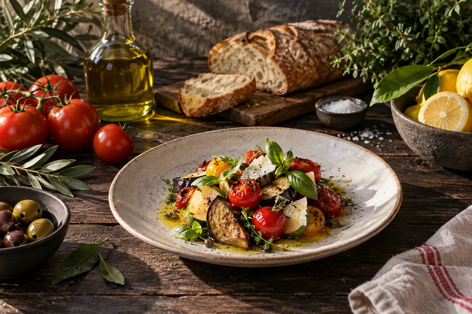 Illustration éditoriale de légumes, herbes, huile d'olive et pain sur une table sombre