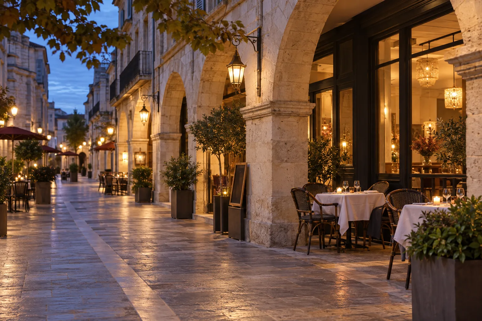 Illustration éditoriale d'une rue à arcades avec des tables de restaurant au crépuscule